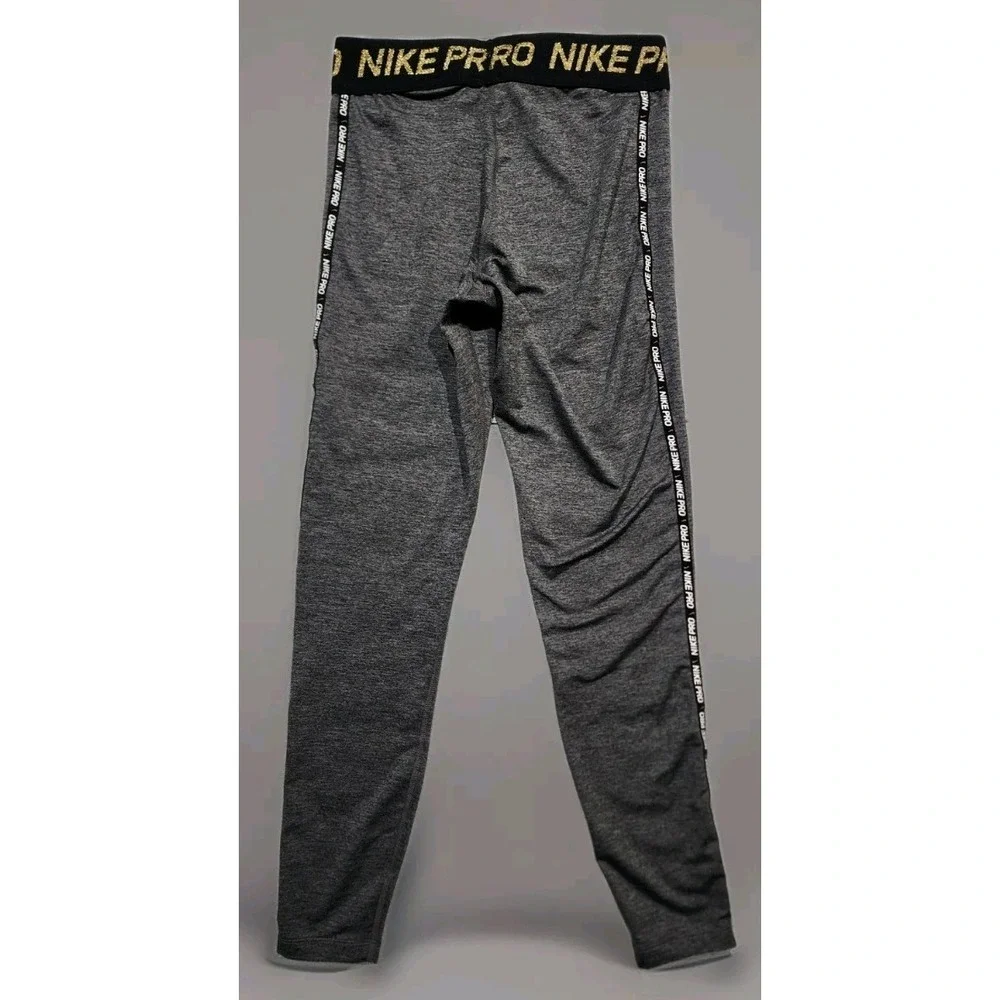 NIKE Pro Dri-FIT Mid-Rise‎ Leggings Gray With Gold Logo Women Size Small